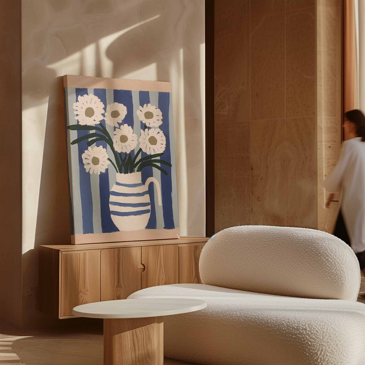 Bloemen in Blauwe Strepen – portret kunstwerk als wanddecoratie, afbeelding 16