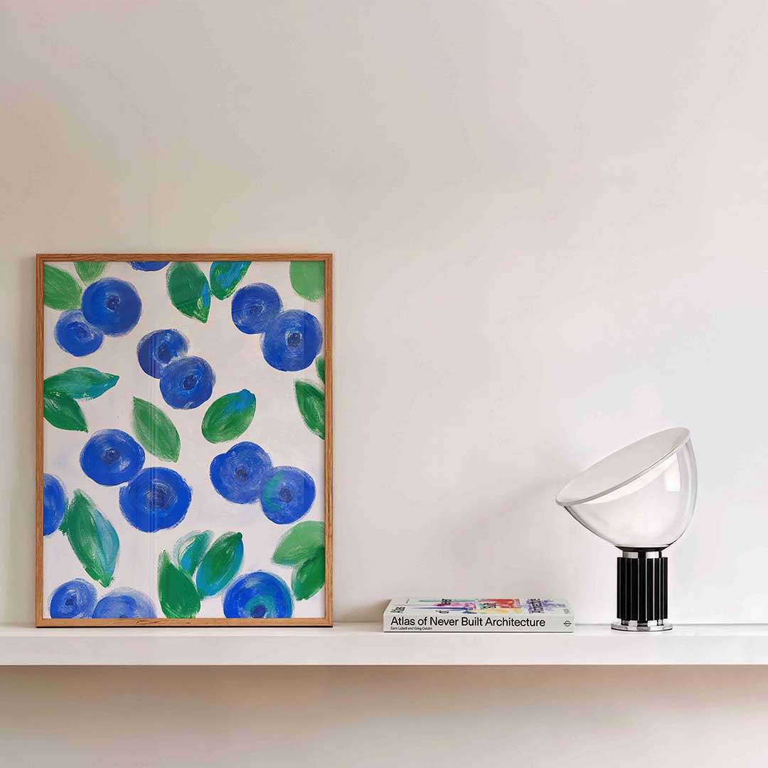 Blauwe bessen en bladeren – bloemen wandkunst als portret poster