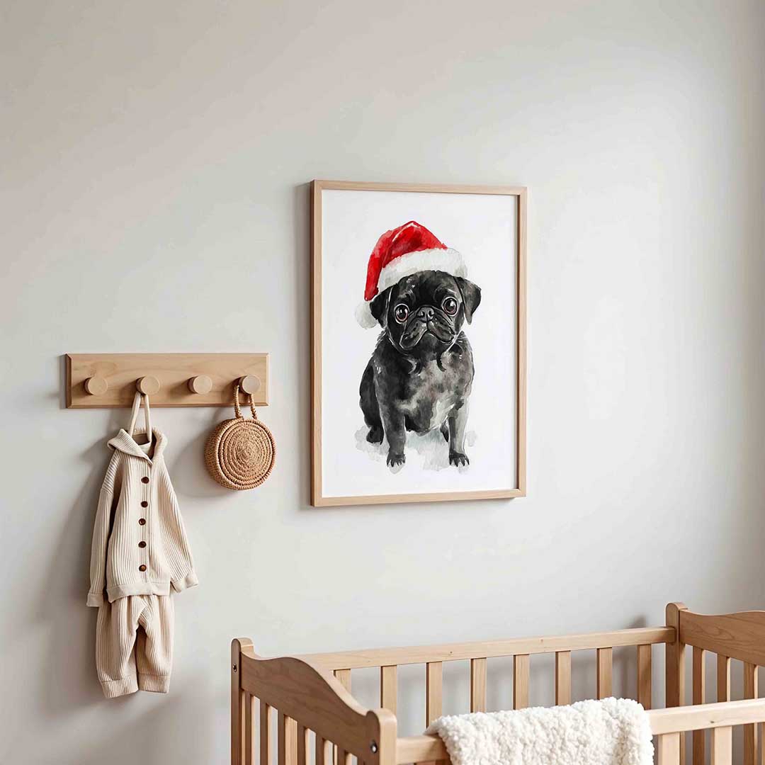 Mopshond met kerstmuts – kinderposter in staand formaat