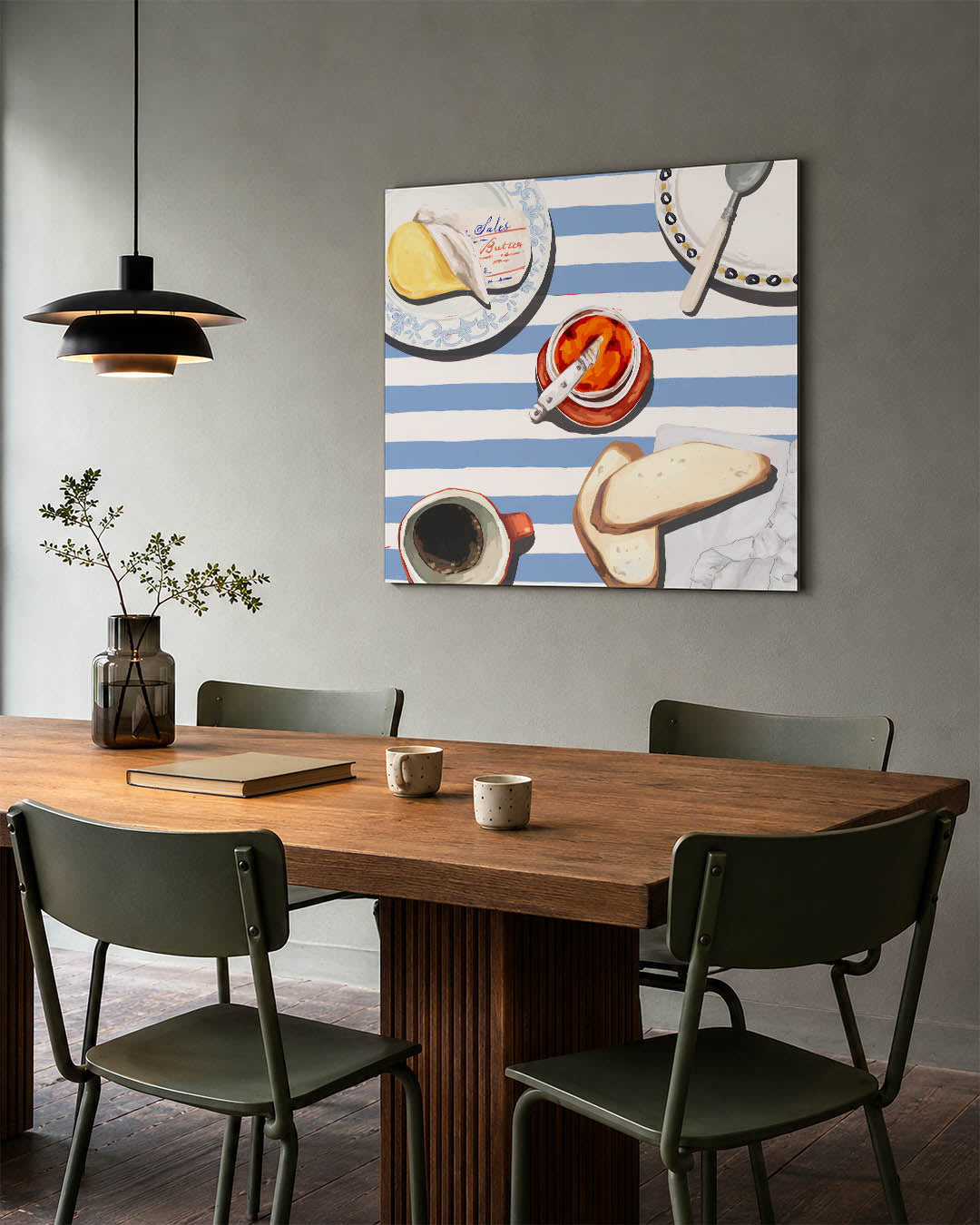 Ontbijt compositie kunstwerk – tweede productweergave – dit werk toont een tafel met gestreept tafelkleed, boter, jam, brood