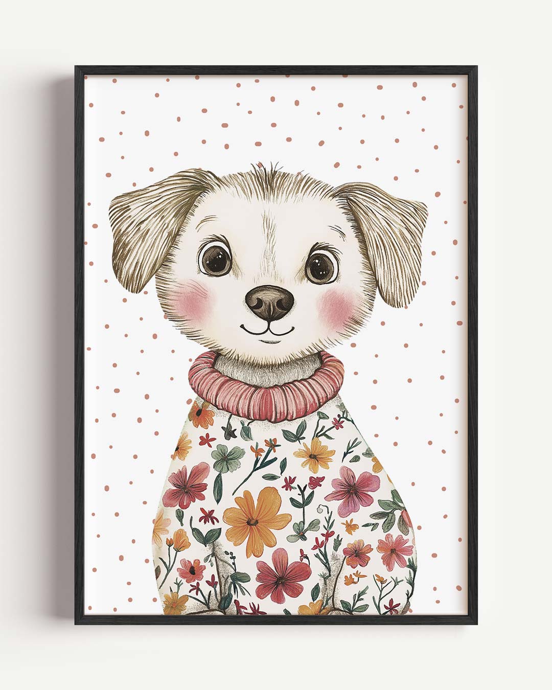 Schattige Puppy in Bloemen Trui – kids portret poster als wanddecoratie