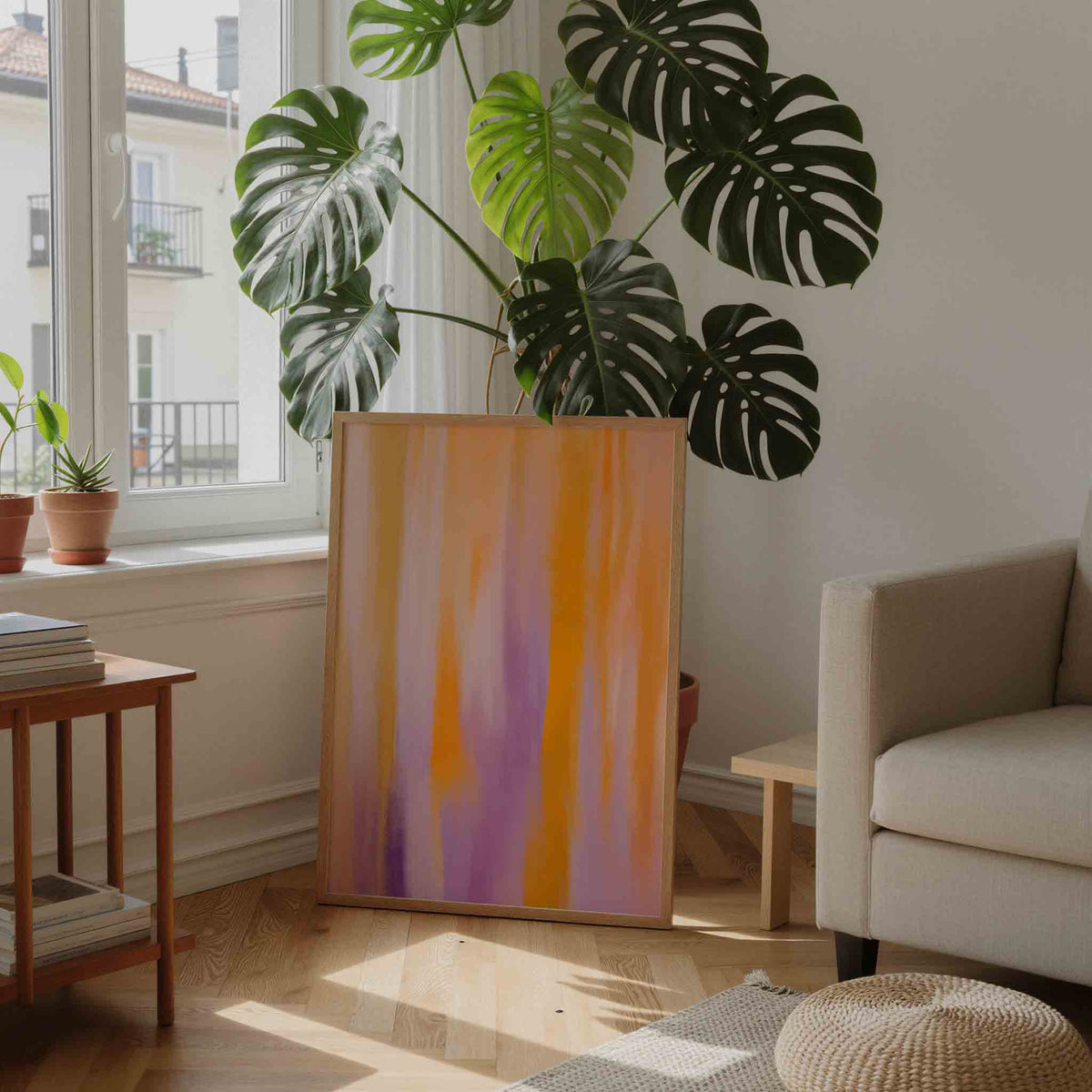 Abstracte oranje en paarse – moderne wandkunst als portret poster