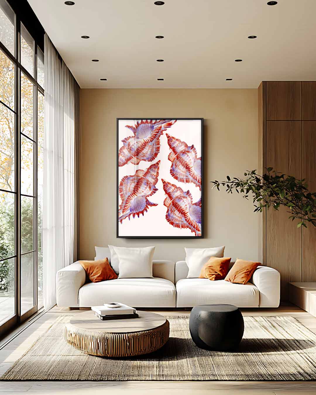 Paarse oranje schelpen patroon – staand kunstwerk voor modern interieur