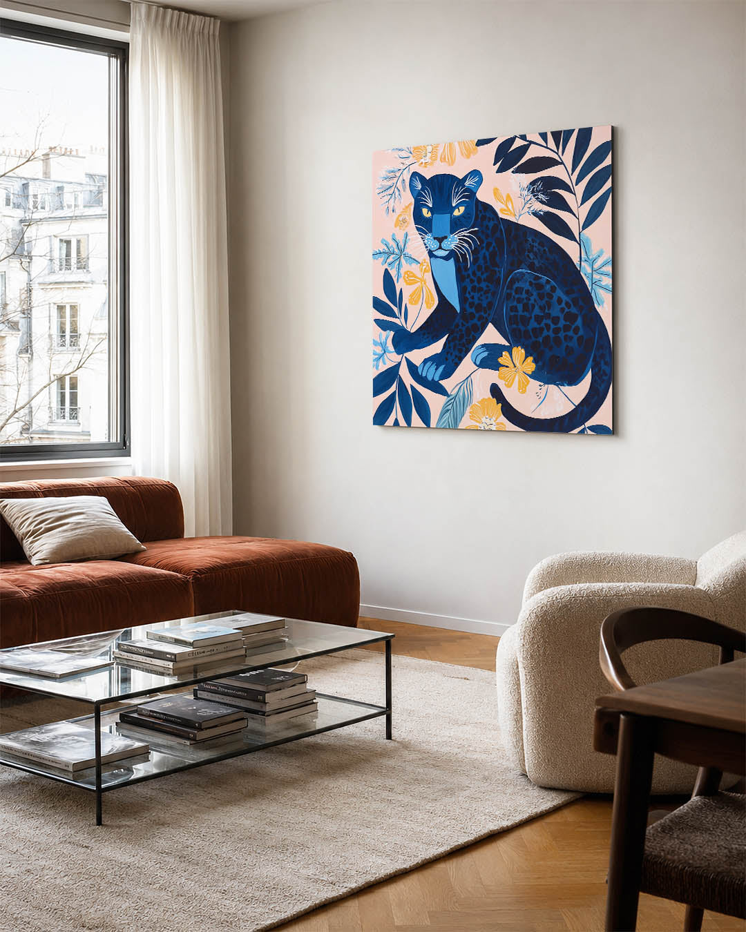 Dierlijke elegantie kunstwerk – vierkante wanddecoratie – dit kunstwerk toont een sierlijke panter omringd door weelderige
