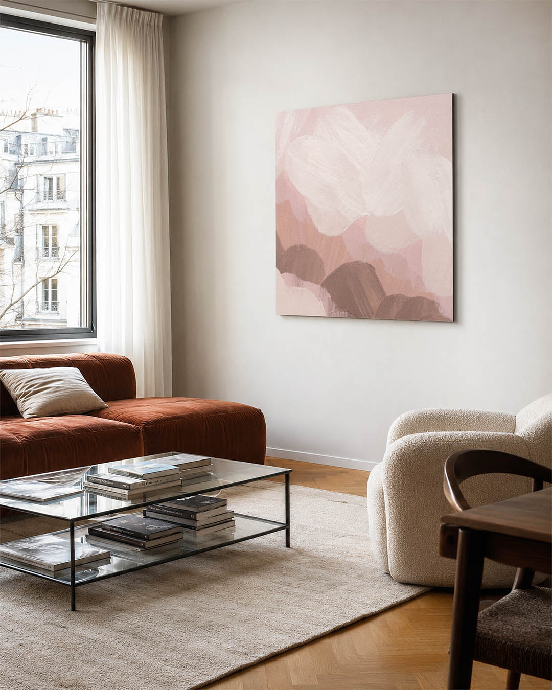 Zachte penseelstreken kunstwerk – vierkante wanddecoratie – dit kunstwerk toont vloeiende penseelstreken in zachte tinten