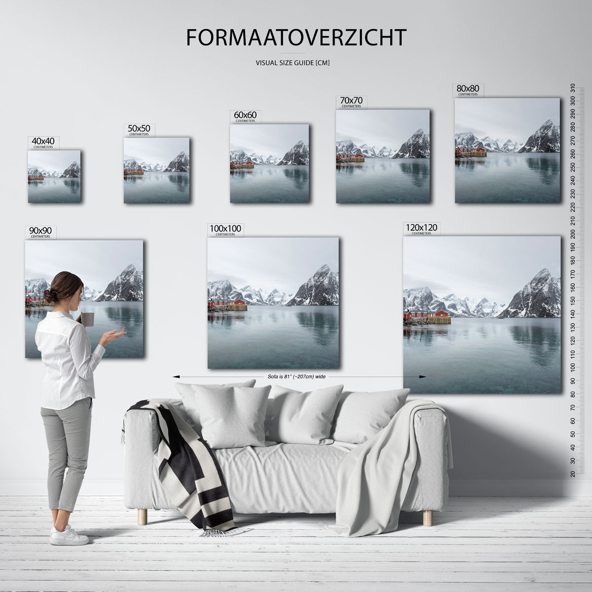 Berglandschap met rode huisjes kunstwerk – materiaalweergave – deze kunstwerk toont een serene waterpartij met reflecties van