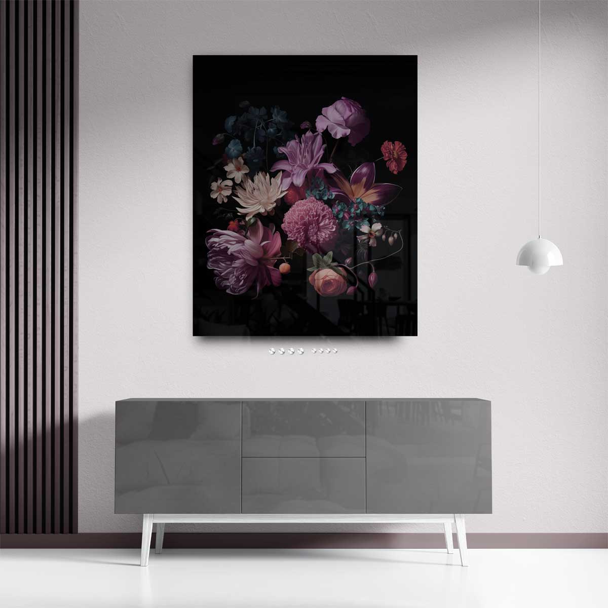 Bloemenexplosie in Donkere Zalen – plexiglas kunstwerk als wanddecoratie
