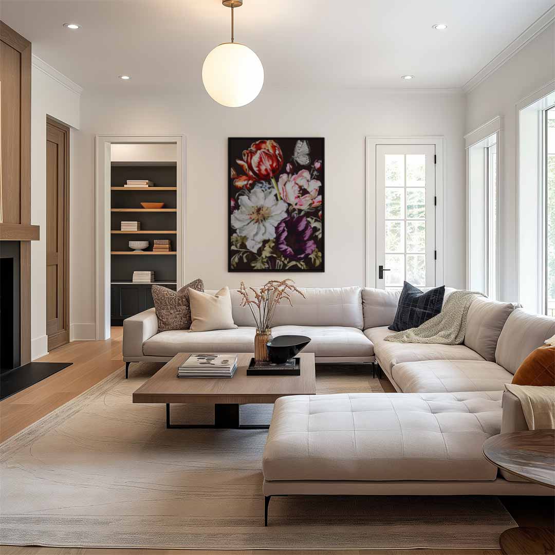 Bloemenpracht met Vlinder – canvas wanddecoratie in portret formaat