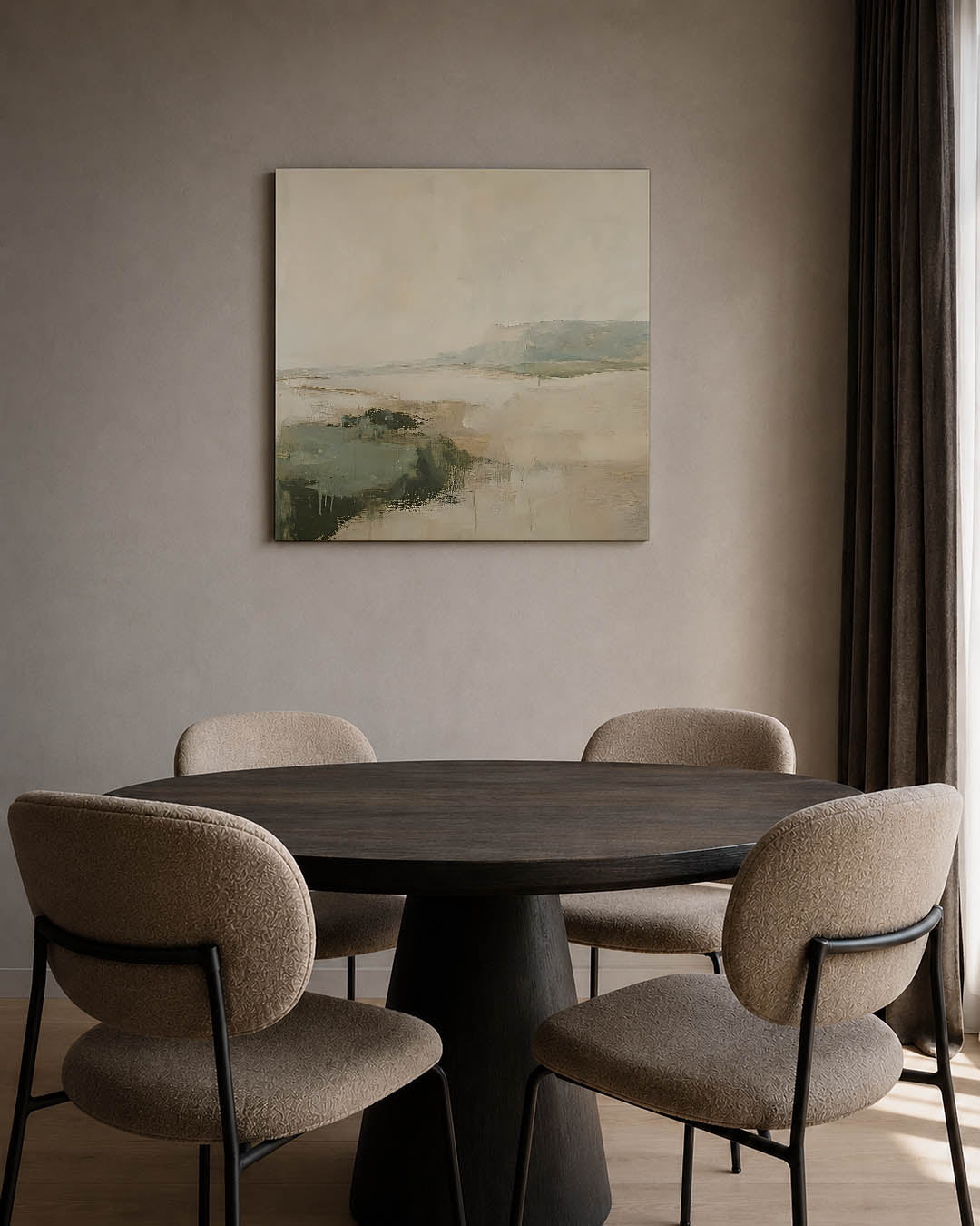 Rustige landschap compositie kunstwerk – tweede productweergave – dit werk toont een serene weergave van een landschap met