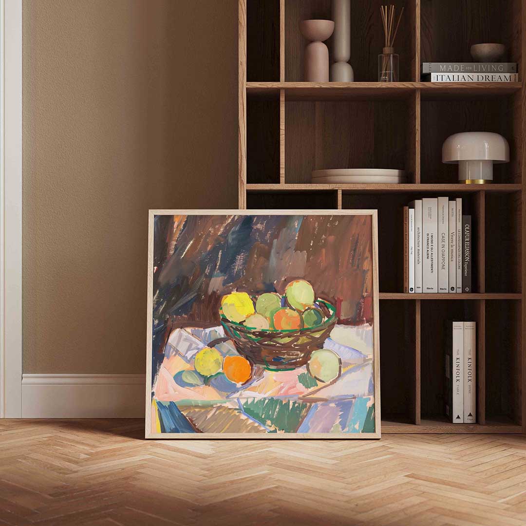 Mand met fruit – vierkante design wanddecoratie van WallArtistic