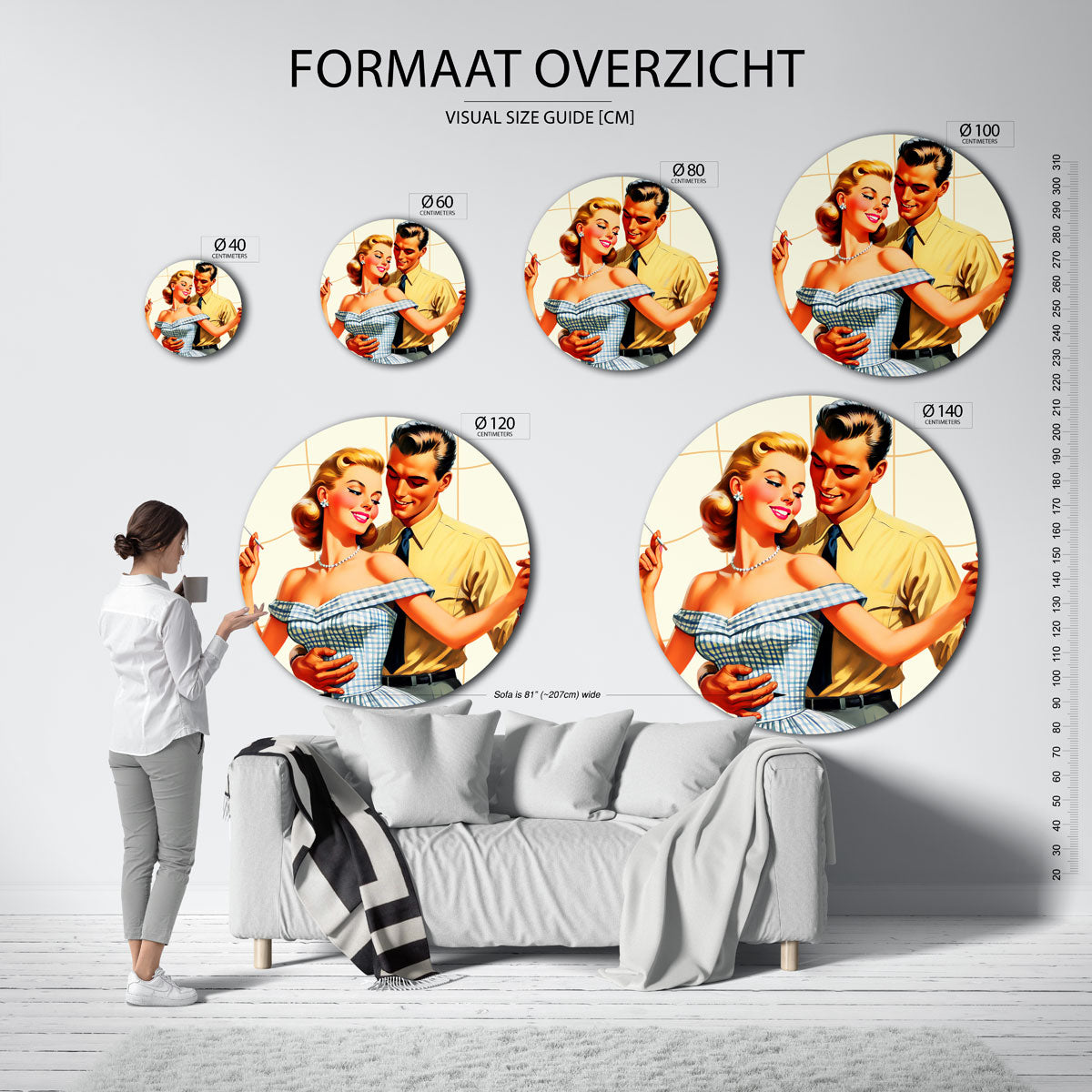 Dansend koppel – kleurrijke ronde muurdecoratie in Pop Art stijl