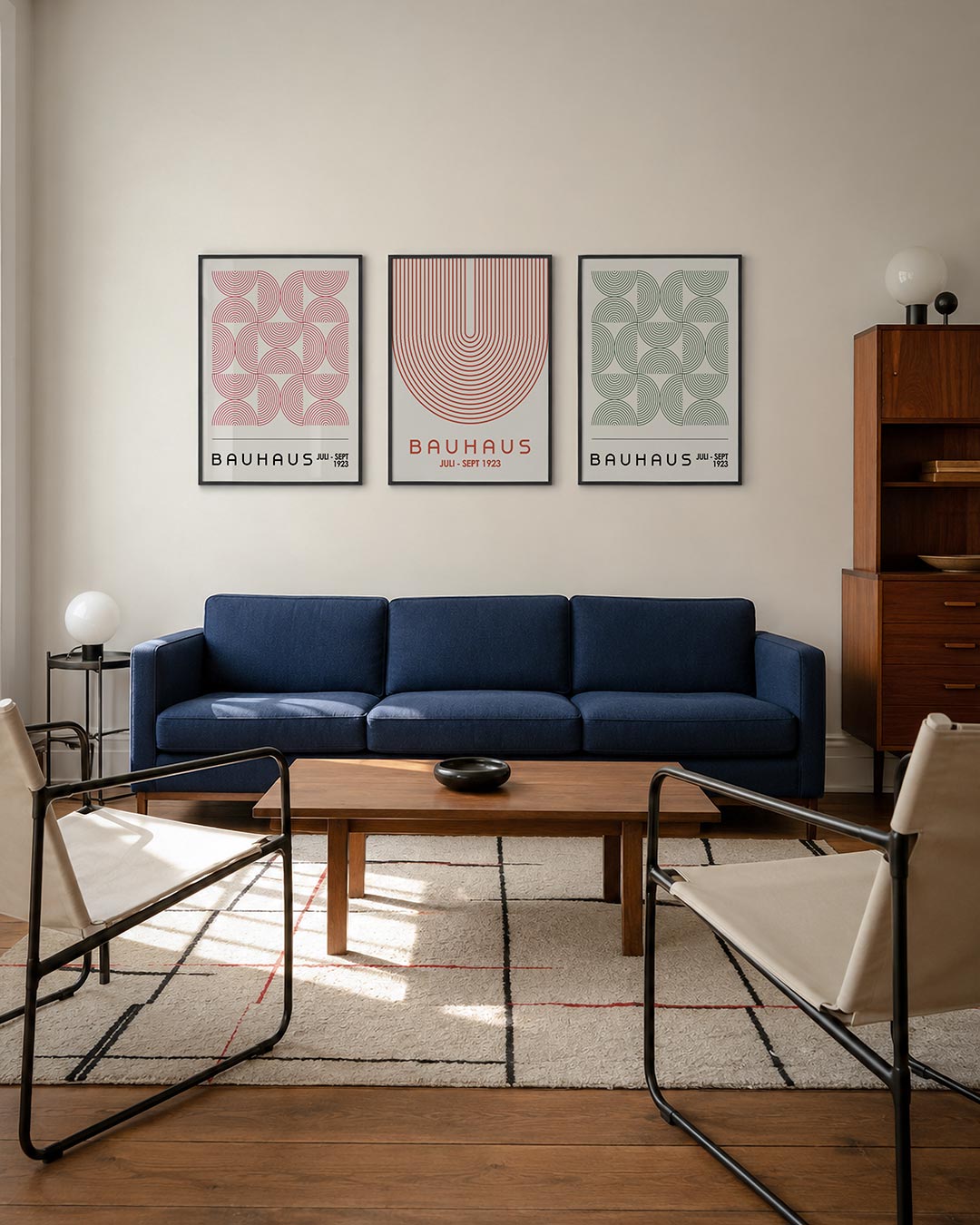 Cirkelritme driedelige posterset – deze posterset in drie delen toont een herhaling van halve cirkels met concentrische
