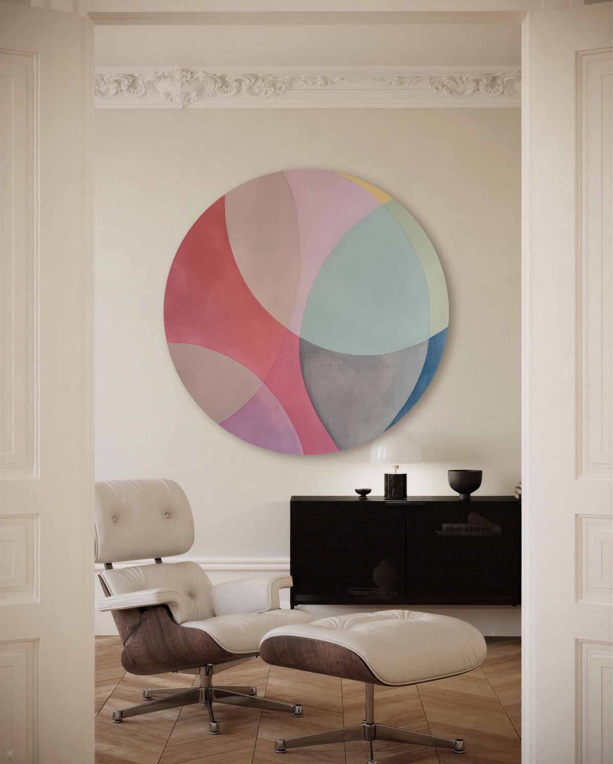 Abstracte vormen – muurcirkel met kleur en vormen voor aan de muur