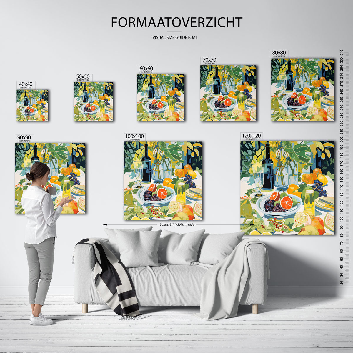 Fruit en flessen – vierkante muurposter met kleurrijke illustratie