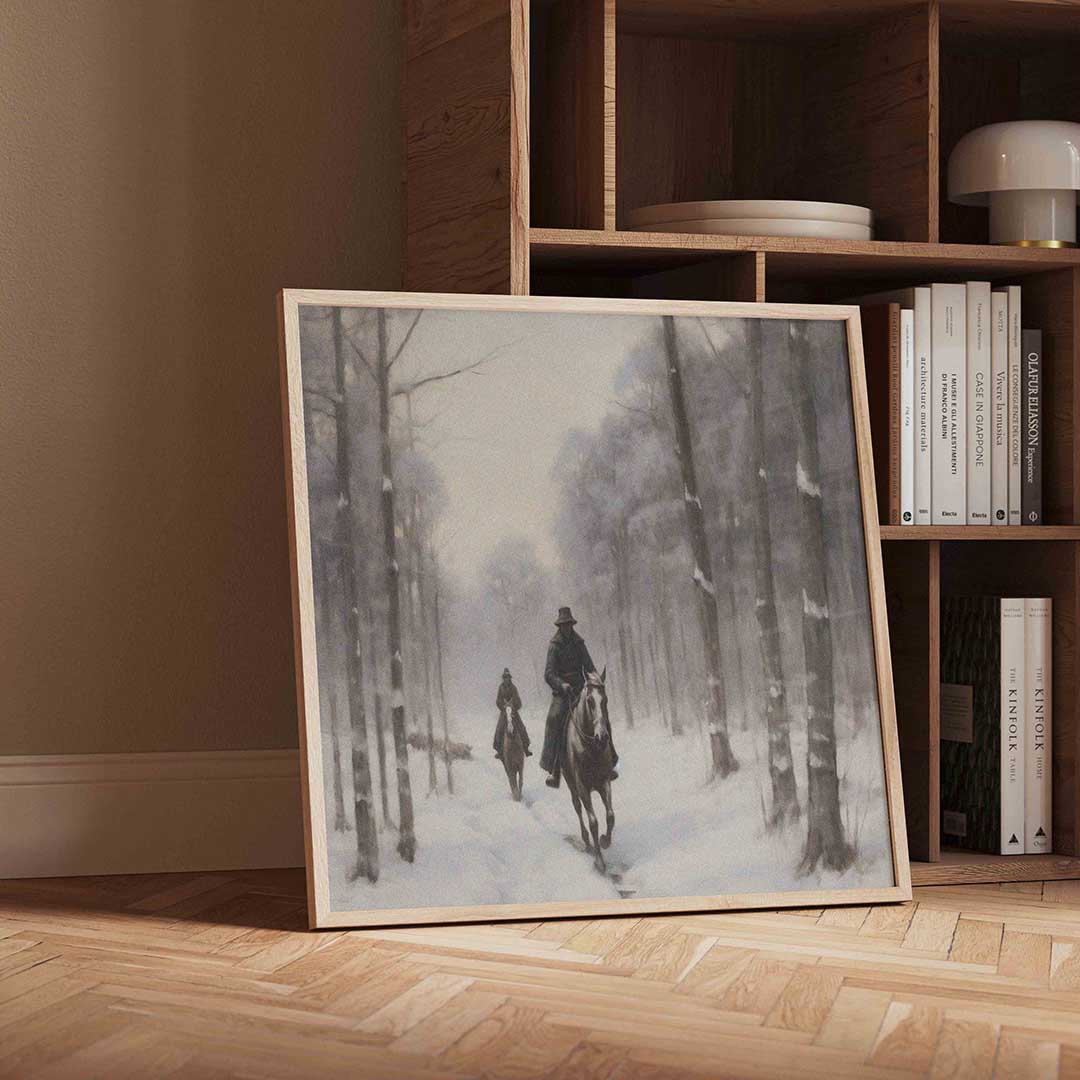 Ruiters in besneeuwd bos – vintage wandkunst als vierkante poster