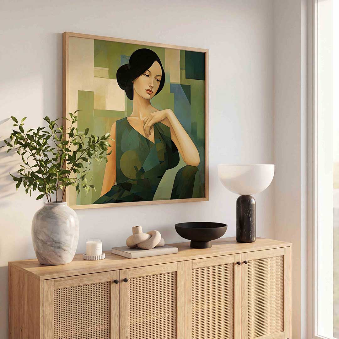 Vrouw in groene tinten – illustratie poster in vierkant formaat