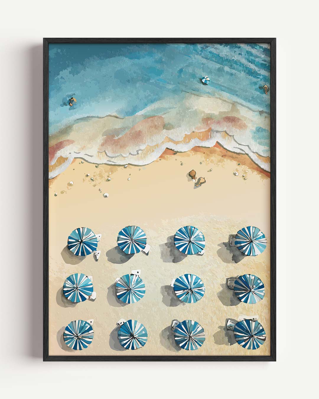 Stranduitzicht met Blauwe Parasolletjes – dieren portret poster als wanddecoratie