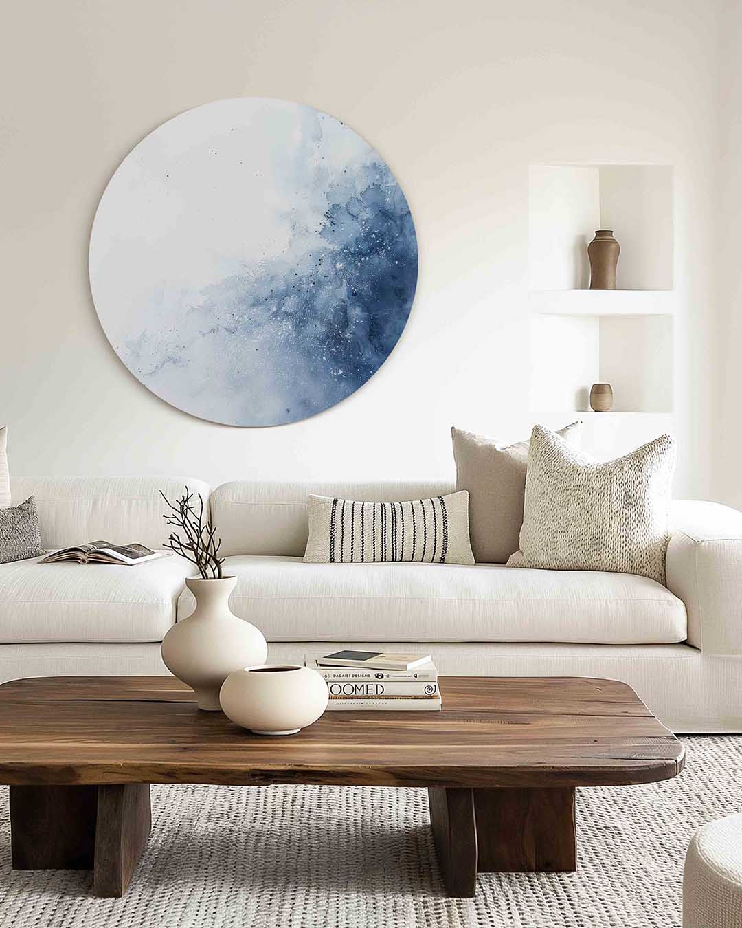 Abstracte blauwe – muurcirkel met kleur en vormen voor aan de muur