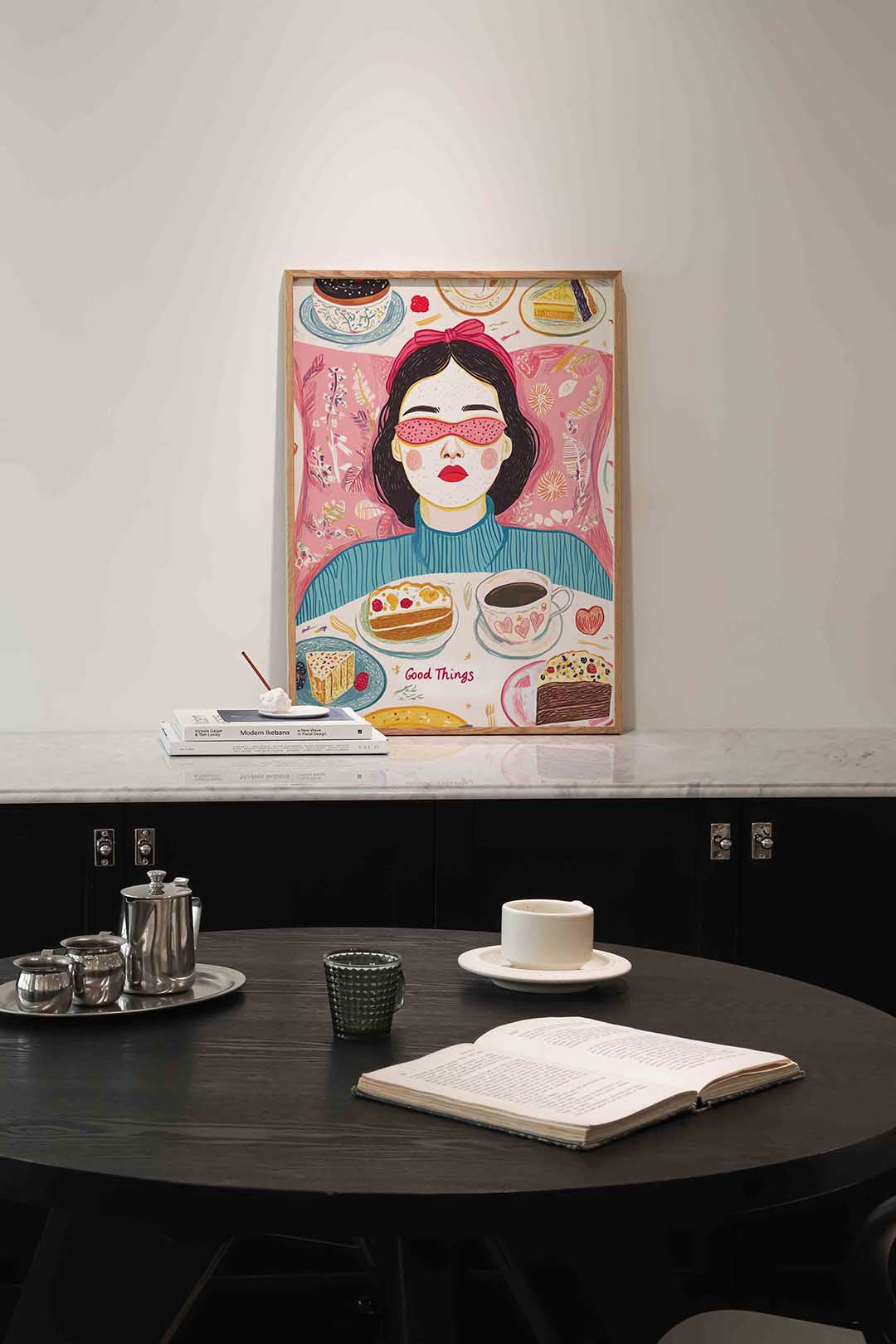 Vrouw met desserts – moderne poster in staand formaat