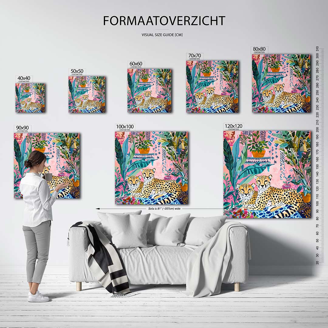 Tropische dierenwereld kunstwerk – dit kunstwerk toont twee luipaarden te midden van weelderige planten en kleurrijke