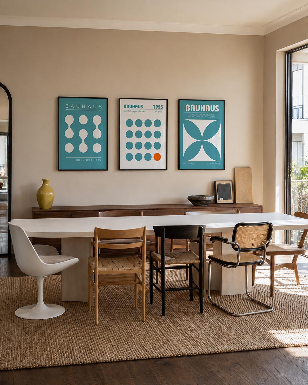 Vormen en vlakken driedelige posterset – deze posterset in drie delen toont een speelse ordening van witte cirkels en