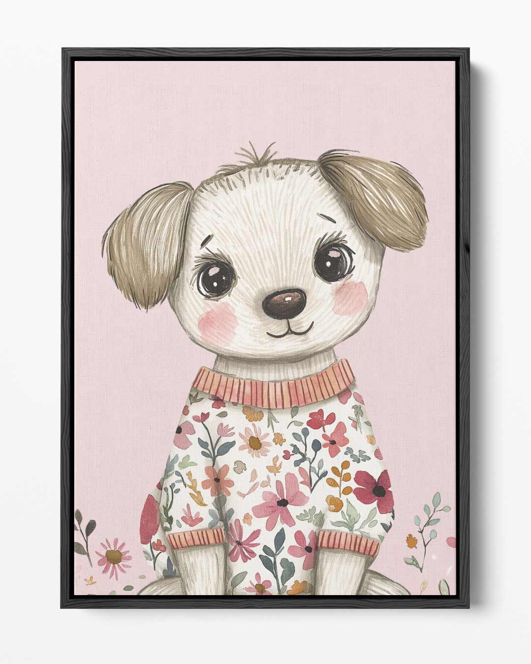 Schattig Bloemenhondje – portret kunstwerk als wanddecoratie