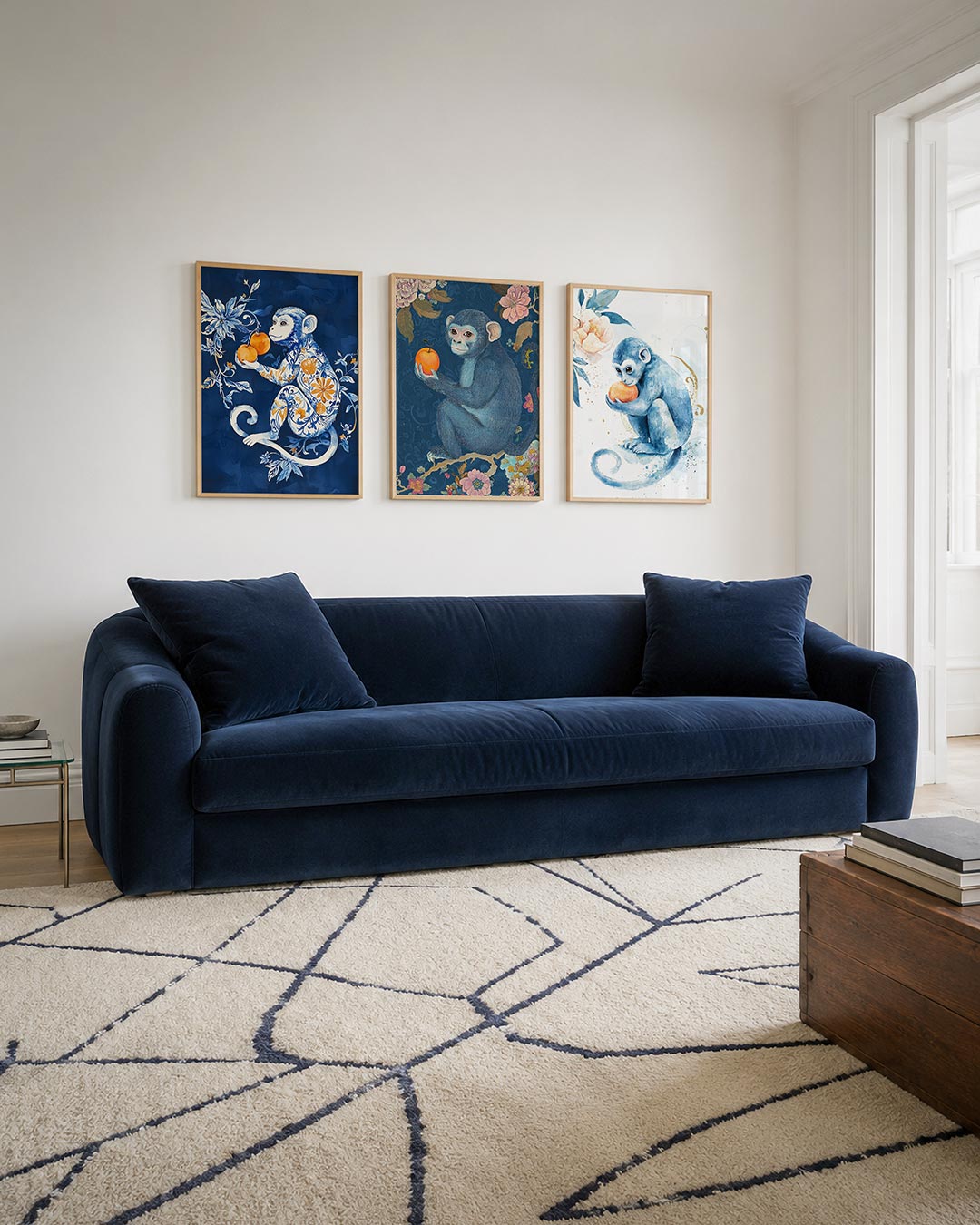 Vorm en kleurenspel driedelige posterset – een speelse aap met sierlijke bloemen en vruchten in blauw