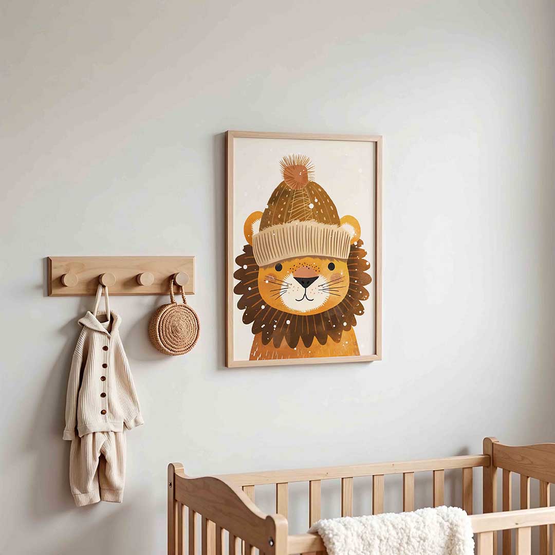 Leeuw met muts – kinderposter in staand formaat