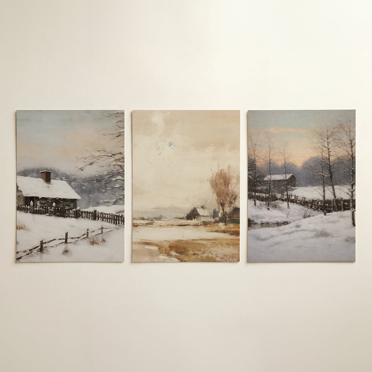 Winterse rust – driedelige posterset in interieur