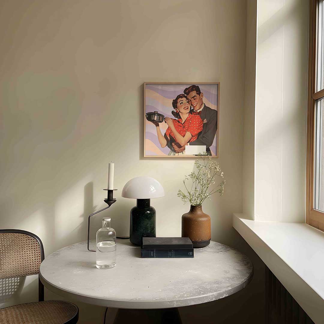 Retro koppel met pan – Pop Art wandkunst als vierkante poster