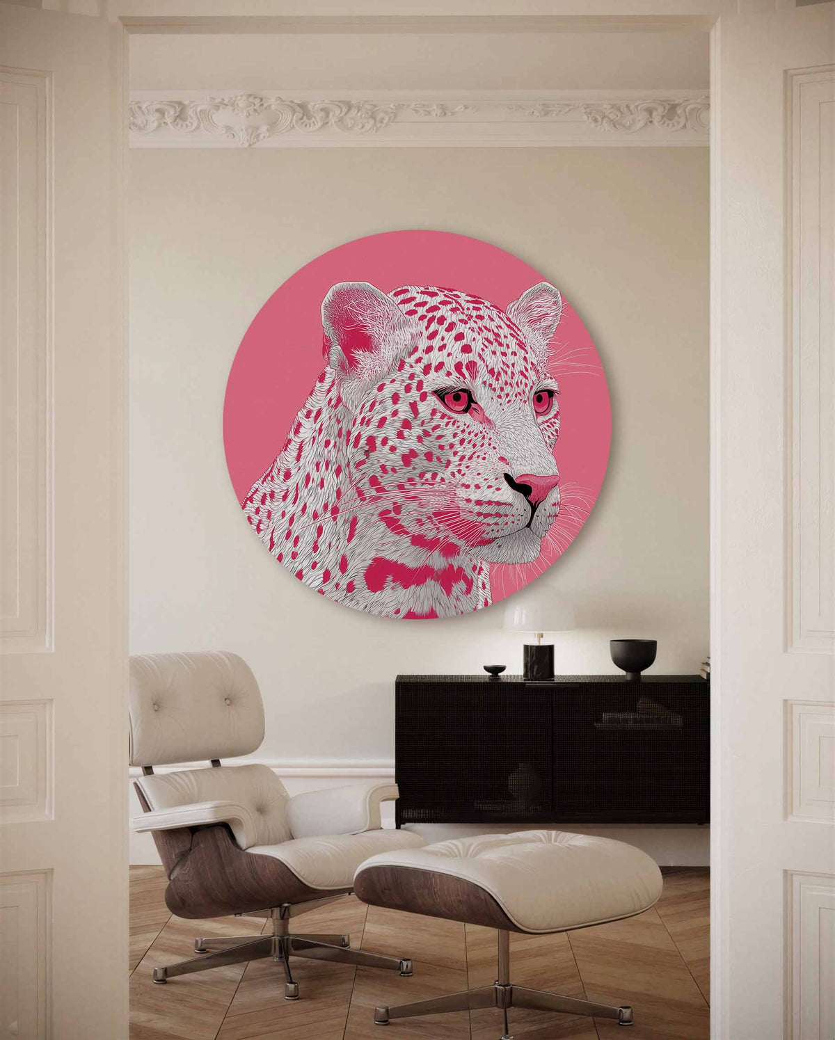 Roze luipaard – kleurrijke Pop Art muurcirkel voor aan de muur