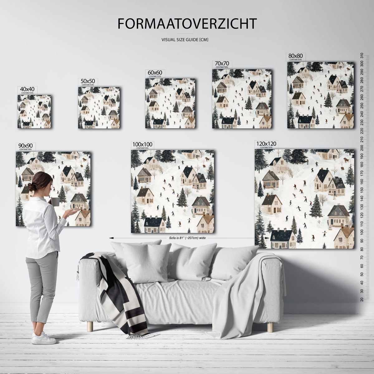 Winterdorp met schaatsers – vierkante muurposter voor de kinderkamer