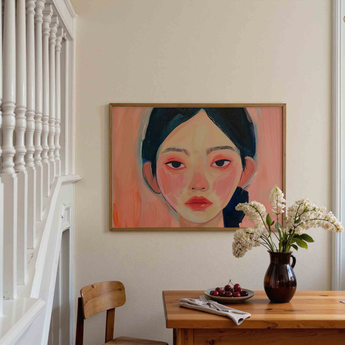 Portret met roze tinten – liggende illustratie poster als wanddecoratie