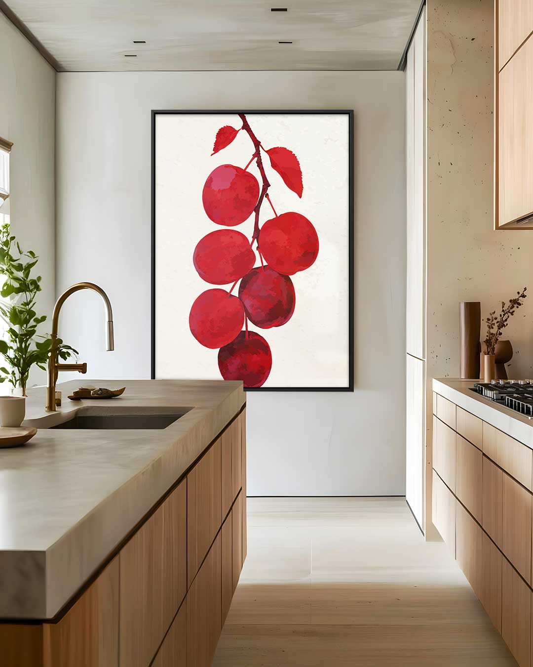 Rode Vruchten aan Tak – staand kunstwerk voor modern interieur