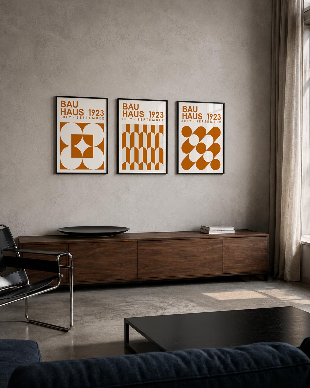 Vormen en vlakken posterset – tweede productweergave – deze posterset in drie delen speelt met oranje en wit. Vierkanten en