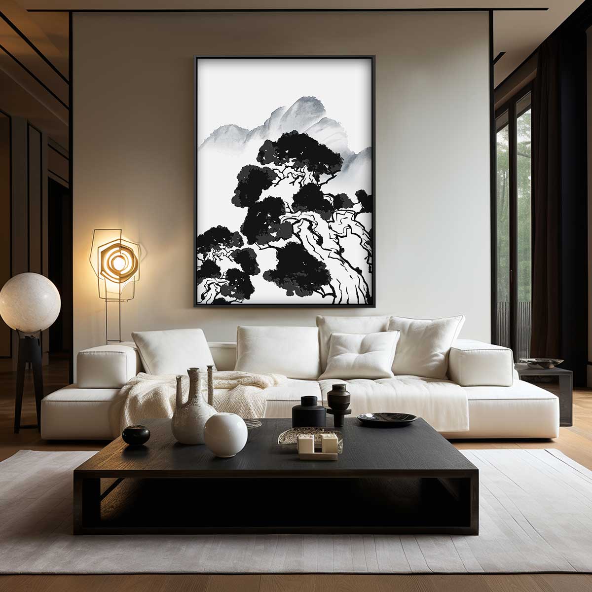 Berglandschap in Oosterse Stijl – kunstwerk met zwarte baklijst