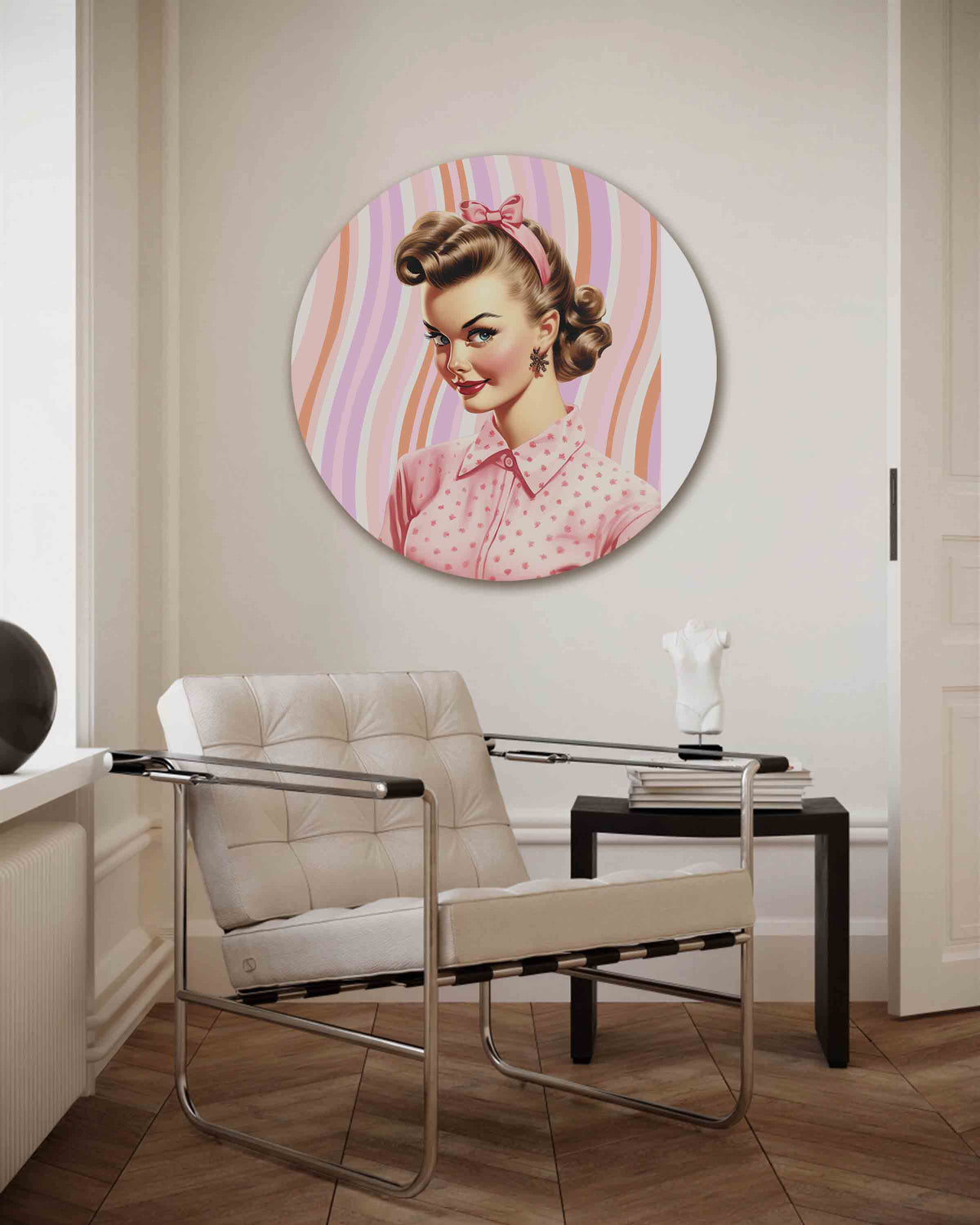Vrouw met roze strik – Pop Art muurcirkel als ronde wanddecoratie