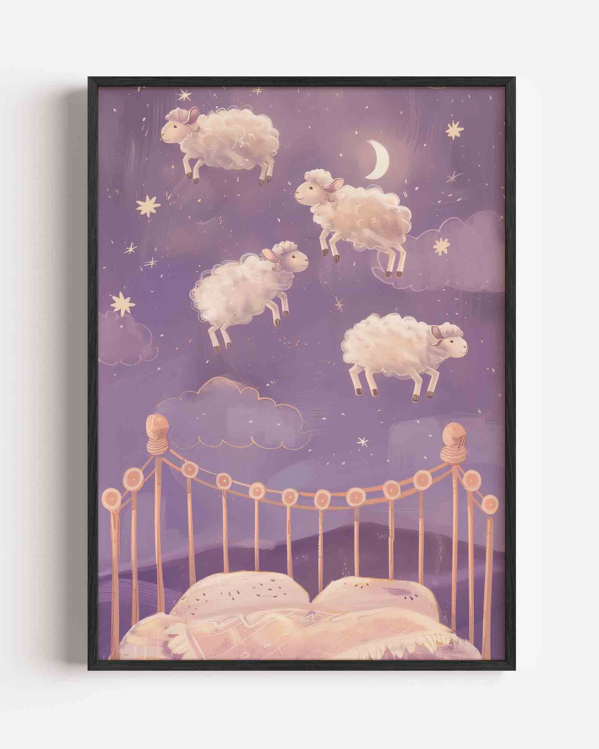 Schapen en bed – kids portret poster als wanddecoratie