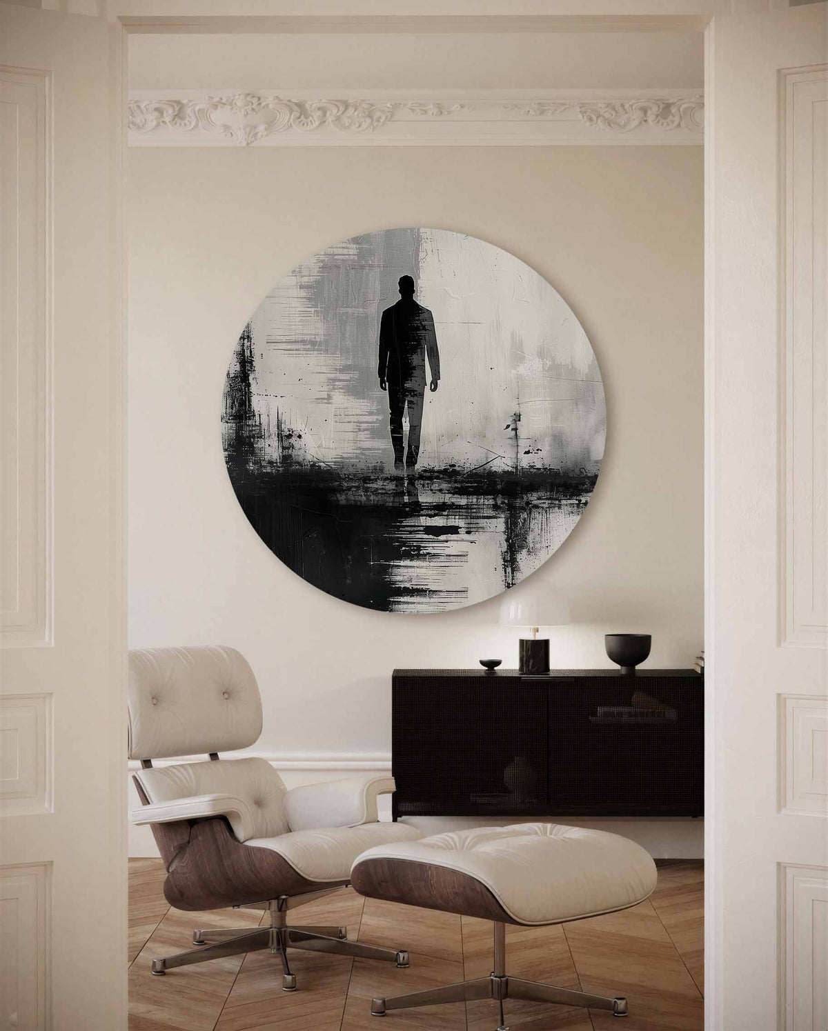 Silhouet van wandelende man – moderne abstracte muurcirkel voor aan de muur