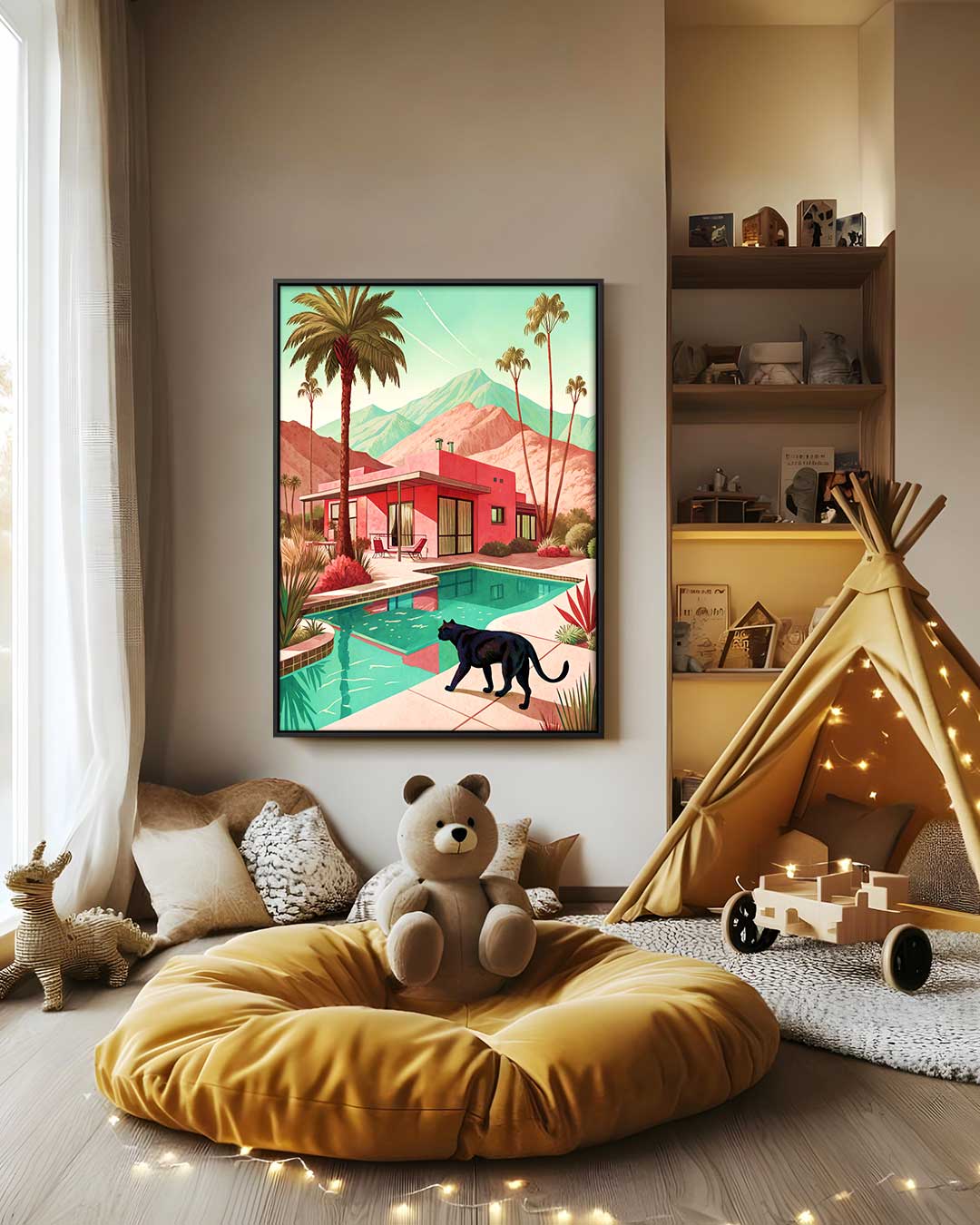 Casa da sogno moderna con opera d'arte di un gatto nero