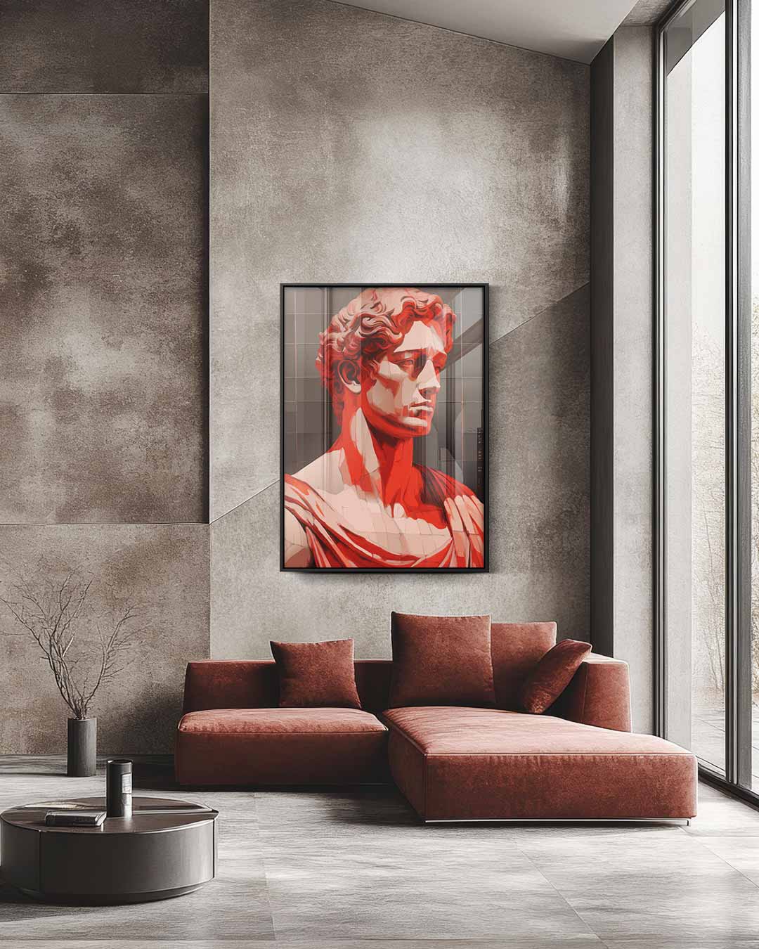 Klassieke Buste in Rood Licht – staande wandkunst voor woonkamer of interieur