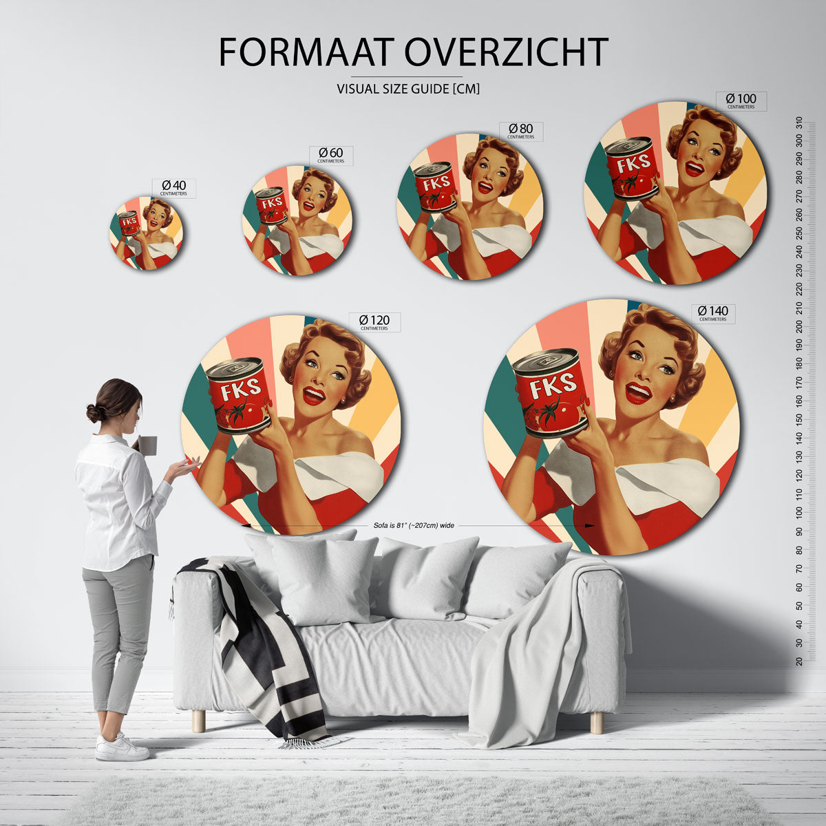 Vrouw met tomatenblik – kleurrijke ronde muurdecoratie in Pop Art stijl