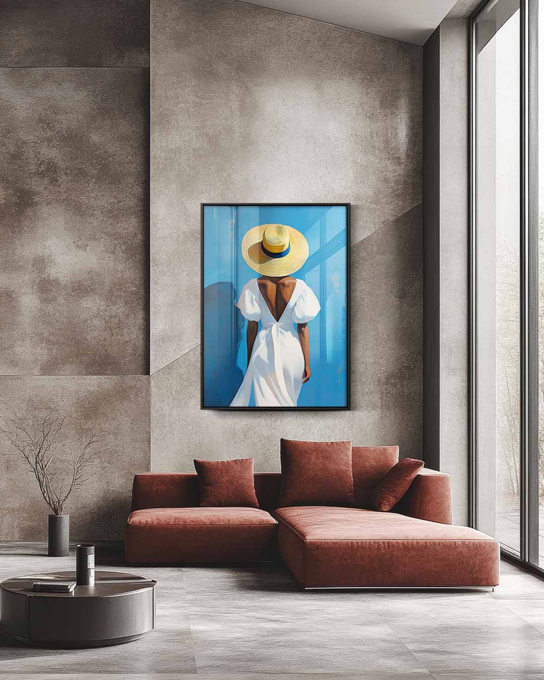 Vrouw in Zomerhoed – staande wandkunst voor woonkamer of interieur