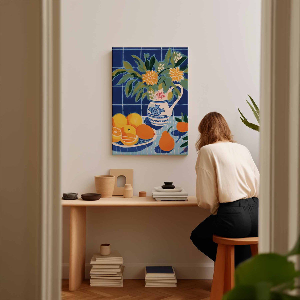 Zomerfruit in Blauwe Keuken – staande wandkunst voor woonkamer of interieur