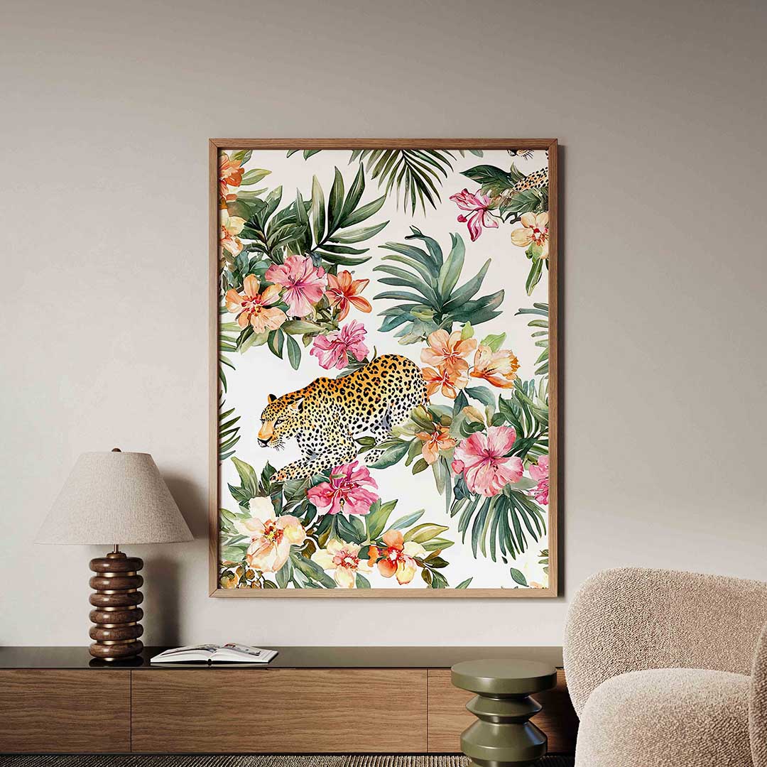 Luipaard en bloemen – dieren poster in staand formaat