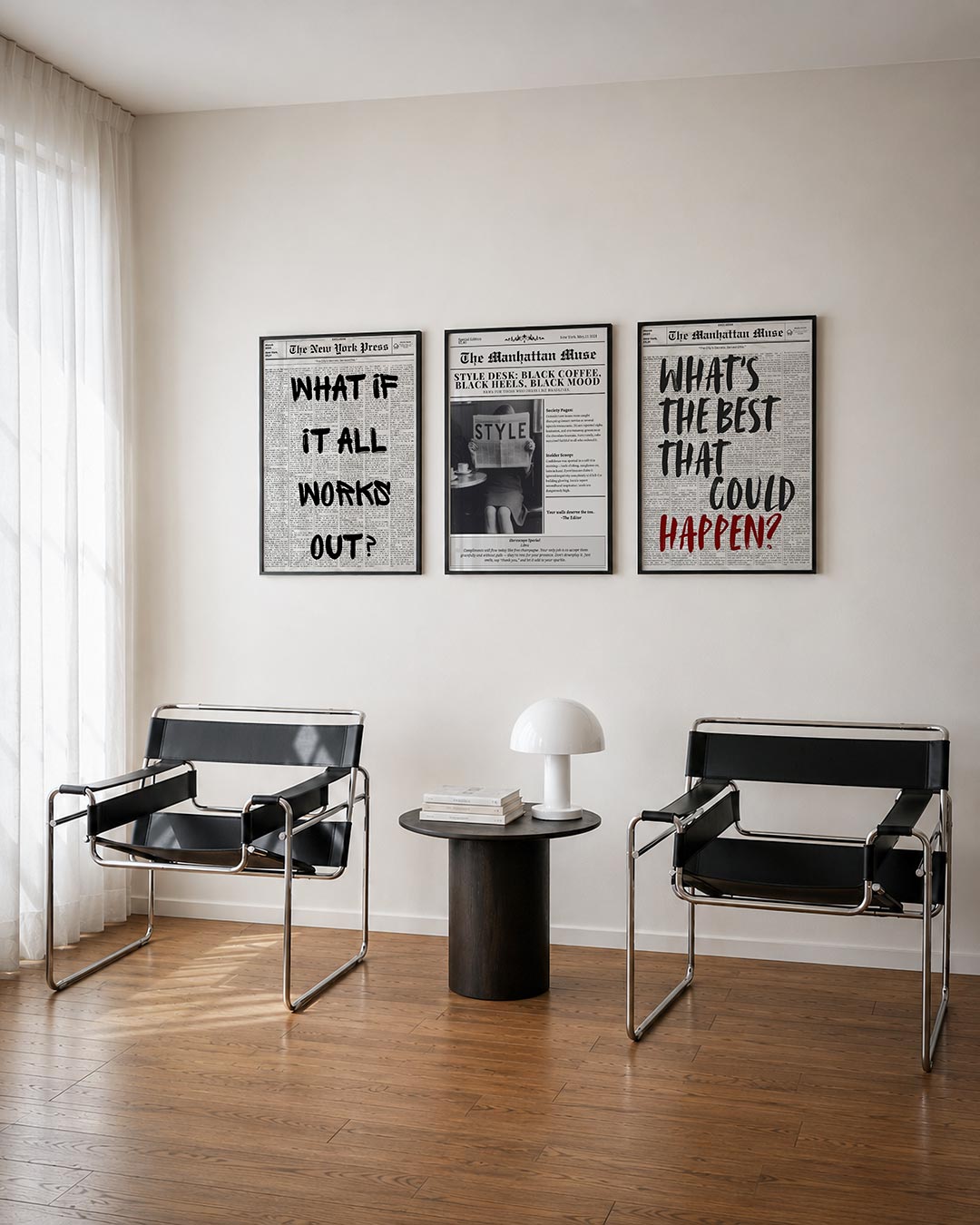 Typografische uitdrukking driedelige posterset – zwart-witte achtergrond met grote, handgeschreven zwarte