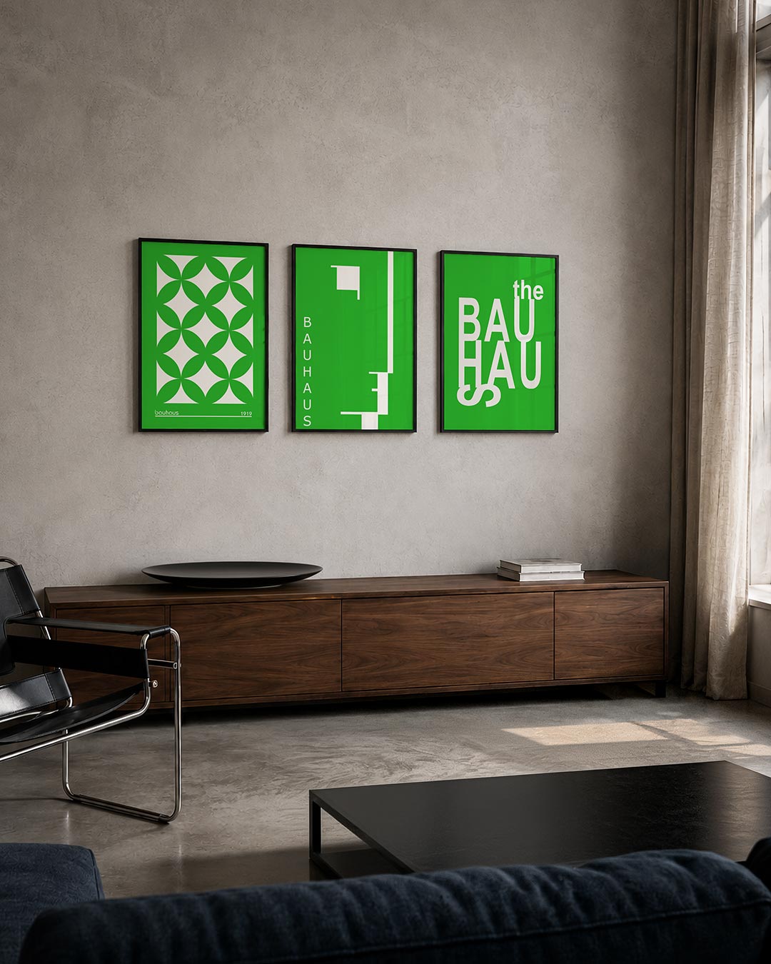 Groene cirkelpatronen driedelige posterset – deze posterset toont een herhaling van groene, overlappende cirkels op een witte