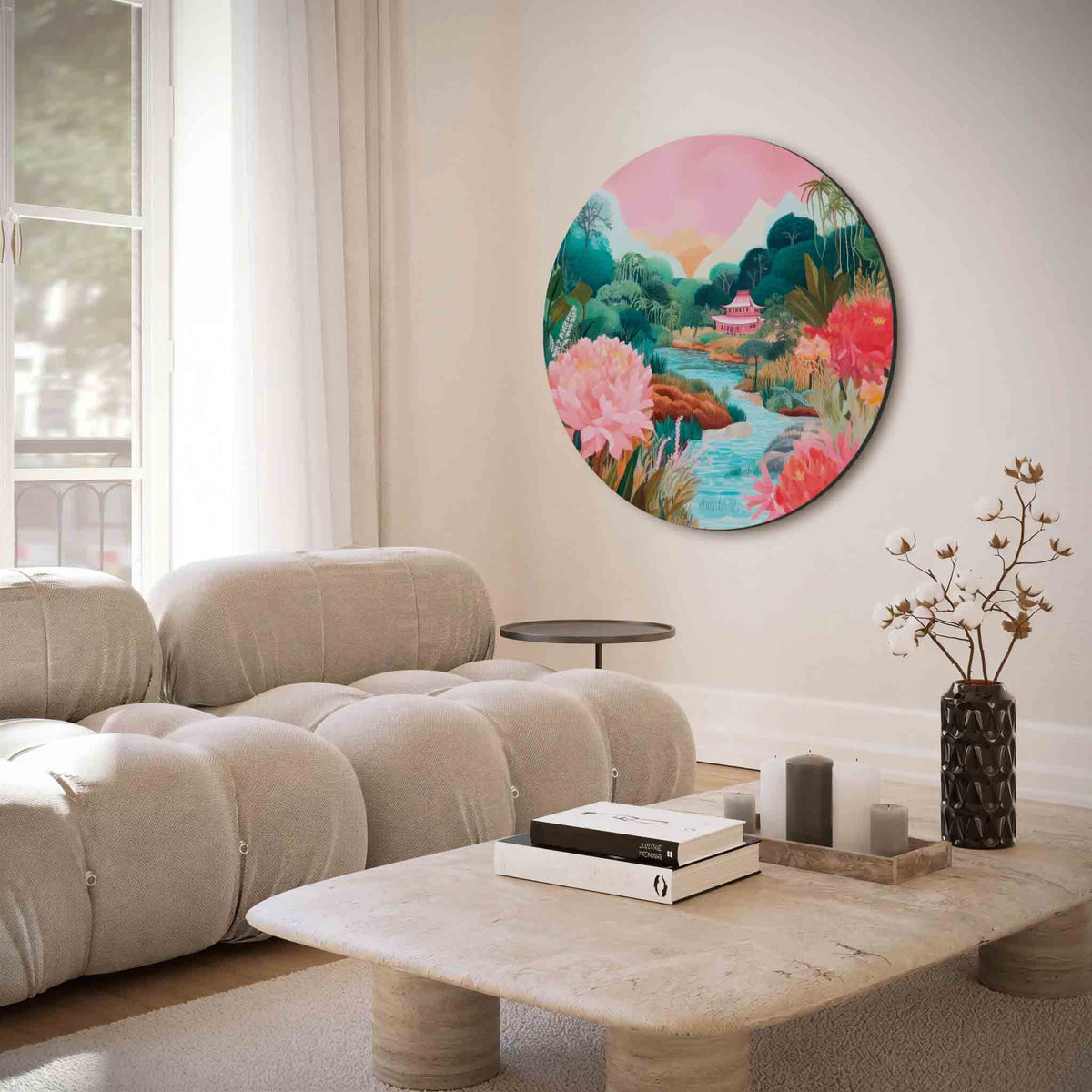 Landschap met bloemen en tempel – muurcirkel met abstracte texturen voor aan de muur