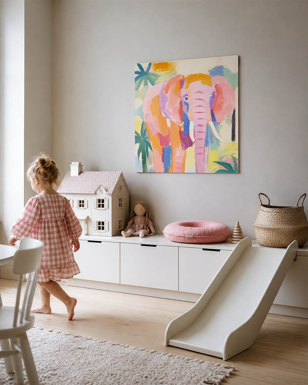 Kleurrijke olifant kunstwerk – tweede productweergave – dit werk toont een olifant in levendige kleuren met speelse