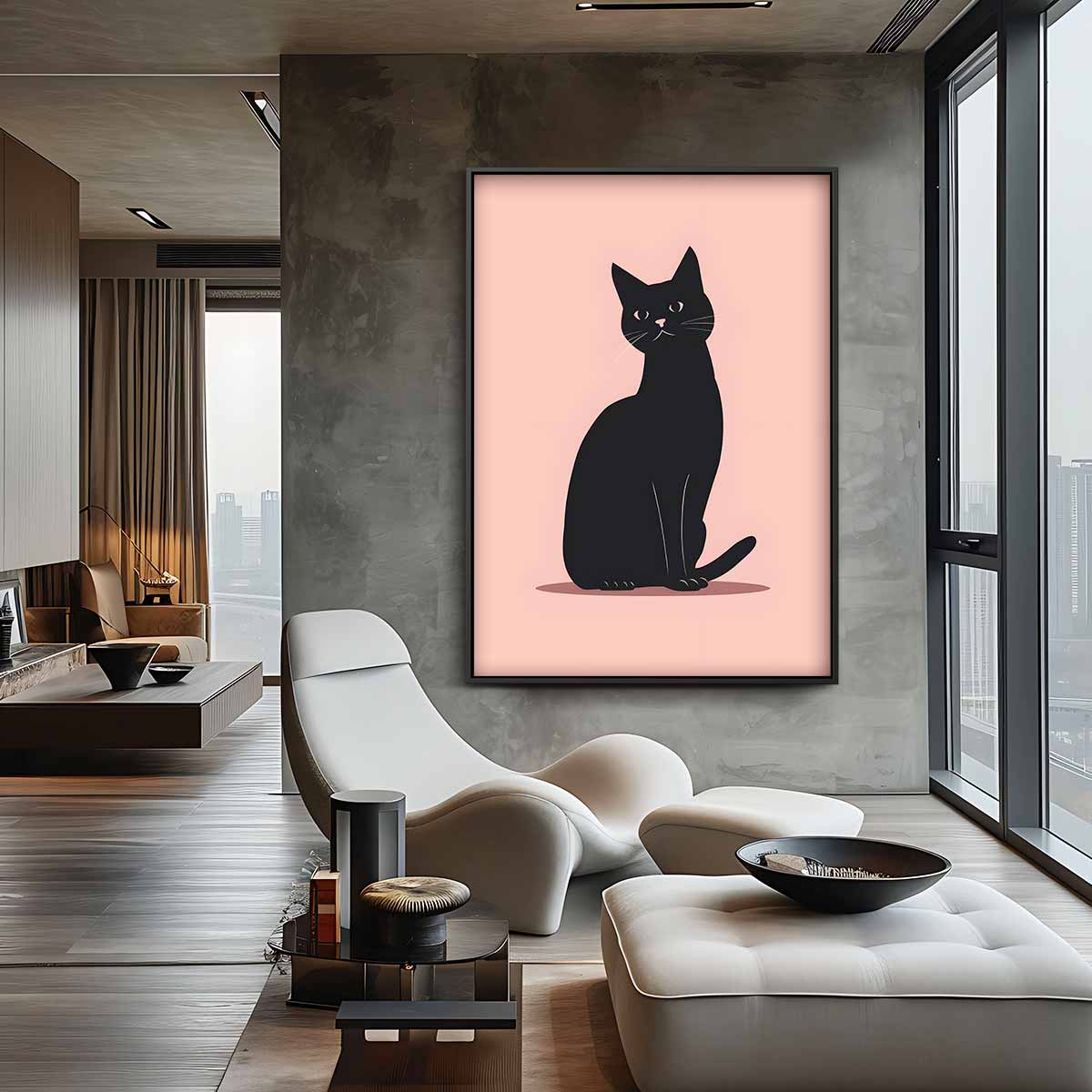 Stijlvolle Zwarte Kat Illustratie – staande wandkunst voor woonkamer of interieur